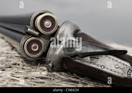 Webley und Scott 12 Gauge nebeneinander Schrotflinte mit B & P dert 2 1-/2zoll Schrotpatronen Stockfoto