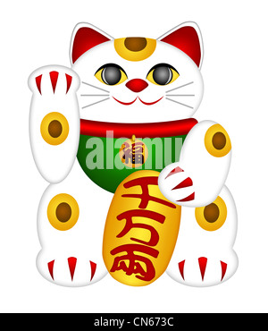 Maneki Neko japanischen Wohlstands Kanji Wörter Symbol Illustration, Isolated on White Background Stockfoto