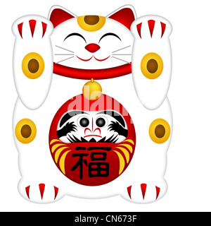 Maneki Neko japanischen Wohlstands Kanji Wörter und Daruma-Puppe Symbol Illustration, Isolated on White Background Stockfoto