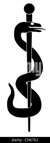 Stab des Asklepios Schlange aufgerollt Silhouette isoliert auf weißem Hintergrund Illustration Stockfoto