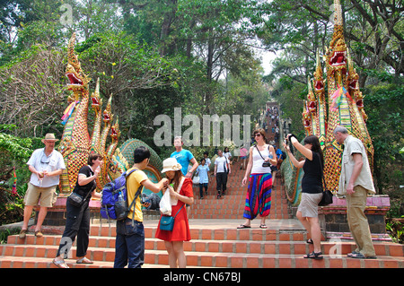 Treppe zum Wat Phrathat Doi Suthep buddhistischen Tempel Doi Suthep, Chiang Mai, Provinz Chiang Mai, Thailand Stockfoto