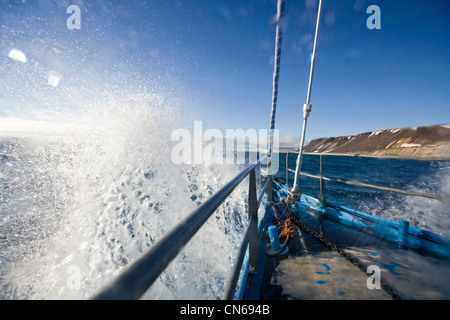 Norwegen, Spitzbergen, Nordaustlandet, Yacht SV Arctica Segeln durch schwere See in Hinlopen-Straße am Sommerabend Stockfoto