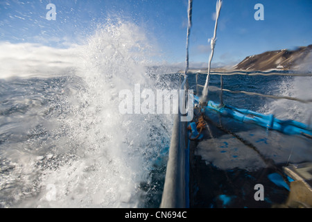 Norwegen, Spitzbergen, Nordaustlandet, Yacht SV Arctica Segeln durch schwere See in Hinlopen-Straße am Sommerabend Stockfoto