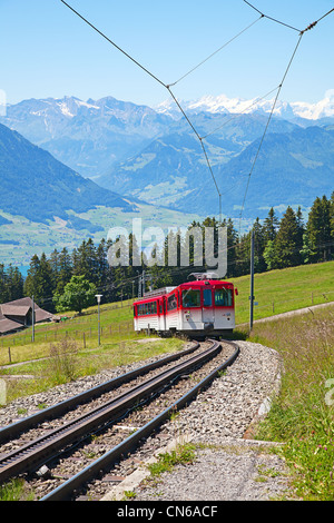Schweizer Alpen Zahnradbahn Zug Aufstieg auf den Berg Rigi Stockfoto
