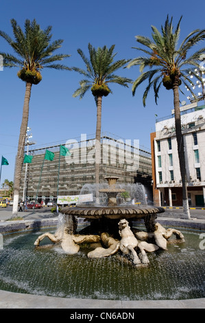 Tripolis. Libyen. Blick auf die Palmen, die rund um die reich verzierten Brunnen Seepferdchen befindet sich im Green Square oder Märtyrer Stockfoto