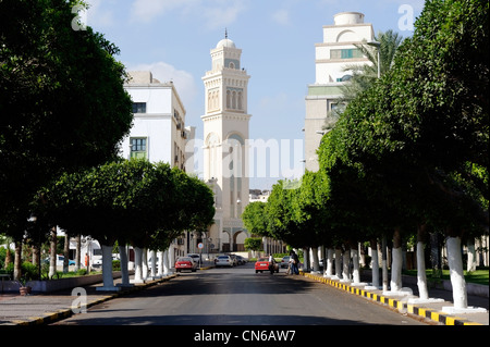 Tripolis. Libyen. Blick entlang von Bäumen gesäumten Straße in Richtung der imposanten Fassade des ehemaligen katholischen Kathedrale und jetzt große Moschee Stockfoto