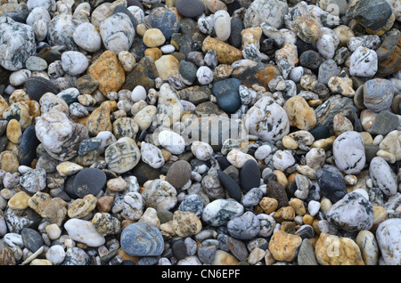 Kiesel am Strand. Konzept 'Fall auf steinigen Boden', Warnungen ignoriert. Etc. Auch, International Rock Day, kleine Haufen von Steinen, lassen Sie keinen Stein ungewendet. Stockfoto