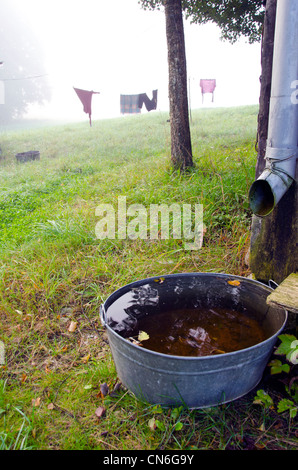 Landleben. Morgennebel, Wäsche hängen am Seil und Schüssel gefüllt mit Wasser unter Zinn Dachrinne. Stockfoto