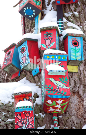 dekorative bunt bemalten Häuser für Vögel nisten-Box hängt an großen alten Baumstamm im Winter mit Schnee bedeckt. Stockfoto