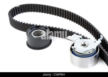 Walze und Zahnriemen isoliert auf weiss Stockfoto