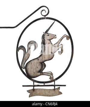 Alte mittelalterliche Zeichen der Taverne, Kneipe, Bar oder mit Einhorn-Shop. Isoliert auf weißem Hintergrund, Platz für Text unter das Einhorn. Stockfoto