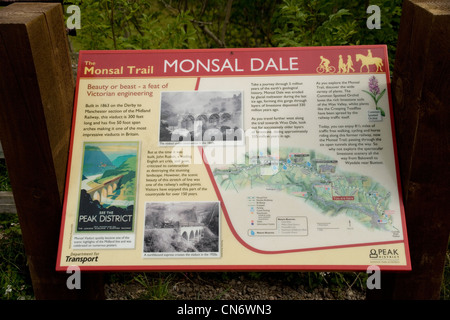 Monsal Trail Zeichen durch Monsal Dale Eisenbahn Bridgein Peak District in Derbyshire Stockfoto