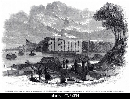 Amerikanischer Bürgerkrieg 1861 - 1865 Fort Kissen auf dem Mississippi nach der Evakuierung durch die Konföderierten Soldaten original viktorianischen Gravur vom 12. Juli 1862 Stockfoto