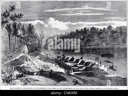 Amerikanischer Bürgerkrieg 1861 - 1865 Fort Kissen auf dem Mississippi nach der Evakuierung durch die Konföderierten Soldaten am 5. Juni. Original viktorianischen Gravur vom 12. Juli 1862 Stockfoto