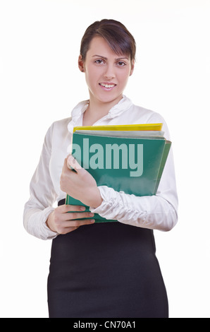 Porträt einer glücklich Business-Frau mit einem Haufen von Datei-Ordner Stockfoto
