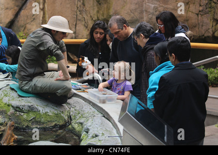 Lehrer und Kinder mit Wassertieren im Biodome Montreal Stockfoto