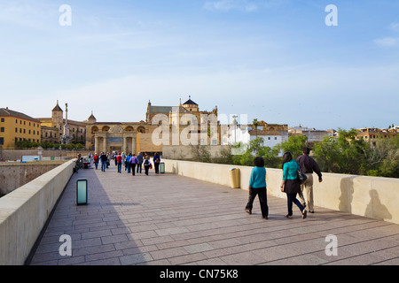 Das vor kurzem restaurierte (2007) Puente Romano mit Blick auf die Kathedrale-Moschee und die alte Stadt, Córdoba, Andalusien, Spanien Stockfoto