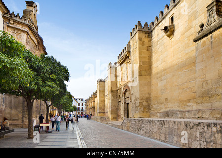 Gepflasterte Straße außerhalb der Mezquita (-Moschee-Kathedrale) in der historischen Altstadt (La Juderia), Córdoba, Andalusien, Spanien Stockfoto