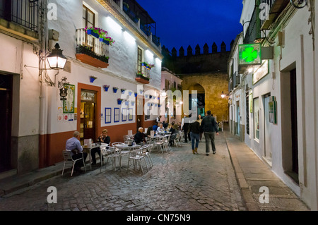 Straßencafé in der Nacht in der historischen Altstadt (La Juderia), Calle Puerta de Almodovar, Córdoba, Andalusien, Spanien Stockfoto