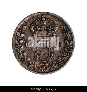 Ein Pre Dezimal George V britischen Silber drei Pence (1. Ausgabe) 3 Pence Münze auf weißem Hintergrund Stockfoto