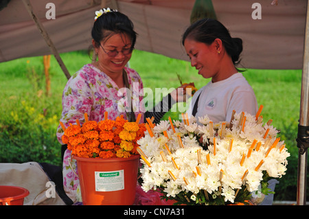 Blume-Stall von Chao Anouvong Statue auf Mekong Riverfront, Vientiane, der Präfektur Vientiane, Laos Stockfoto