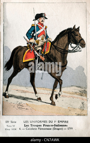 Einheitliche alten Figurini Miitari von 1° das Reich der Franco-ItalianeCavaliere Truppen piemontesische Dragoner 1799, Quinto Cenni Stockfoto