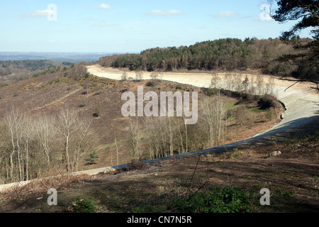 Die alte A3 Straße rund um den Teufelsbowl bei Hindhead, jetzt bedeckt und mit Samen und Sträuchern bepflanzt, um es wieder in die Natur Stockfoto