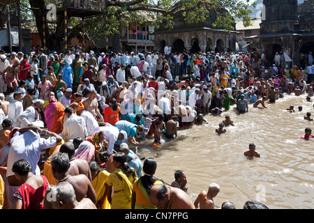 Hindu-Pilger Baden im heiligen Wasser-Reservoir der Kushavarta (die Quelle des Flusses Godavari). Trimbakeshwar. Indien Stockfoto