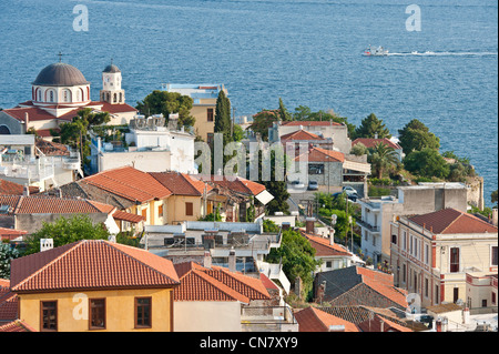 Griechenland, Mazedonien, Kavala, am Hafen, Blick auf die alte Stadt (oder Panagia) und die Ägäis von der byzantinischen Zitadelle Stockfoto