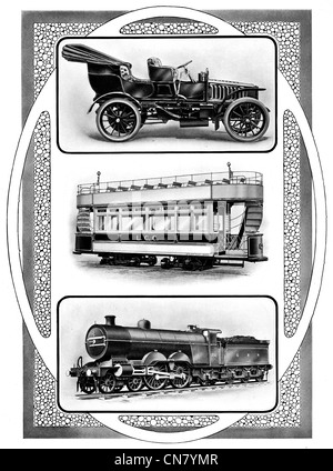 1900 Auto Straßenbahn Zug Fahrzeug öffentliche Verkehrsmittel Lok Dampflok Eisenbahn Stockfoto