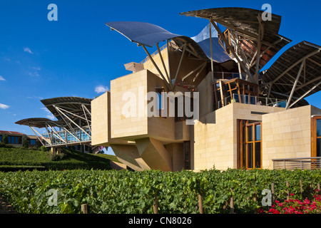 Spanien, spanische Baskenland, Provinz Alava, Rioja Alavesa, Elciego, Hotel Marques de Riscal entworfen von Architekt Frank Owen Stockfoto