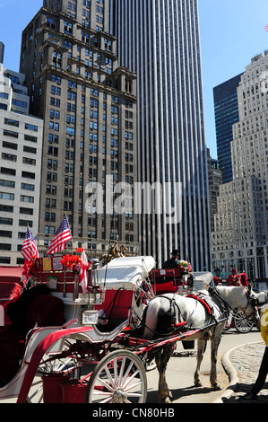 USA New York City Manhattan Central Park - Droschken - Pferdekutschen die Touristen durch New York Stockfoto