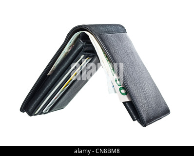Schwarzes Leder Brieftasche geöffnet mit Bargeld und Kreditkarten drin. Stockfoto