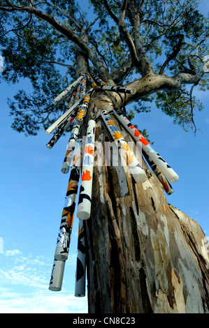 Straßenbäume in Bassendean geschmückt mit Kunstwerken aus recyceltem Müll als Teil des jährlichen Stamm wickeln Kunstfestivals. Stockfoto