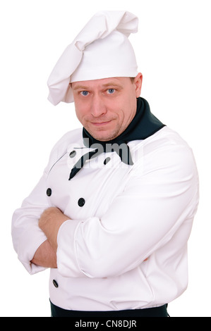 Koch in der Uniform auf dem weißen Hintergrund isoliert Stockfoto