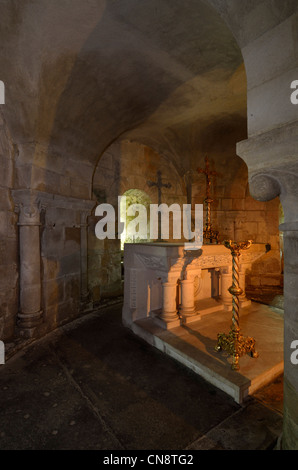 Frankreich, Vendee, Vouvant, Chuch Ste Marie, halb verschüttete Krypta der 11 th-Centurie im romanischen Stil Stockfoto