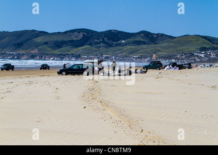 Pismo Beach Kalifornien Kite Surfer Autos LKW, Hunde, die SUVs Wohnmobile Sattelkupplung Anhänger und chaos Stockfoto