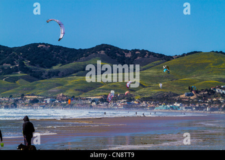 Pismo Beach Kalifornien Kite Surfer Autos LKW, Hunde, die SUVs Wohnmobile Sattelkupplung Anhänger und chaos Stockfoto