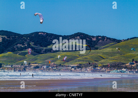 Pismo Beach Kalifornien Kite Surfer Autos LKW, Hunde, die SUVs Wohnmobile Sattelkupplung Anhänger und chaos Stockfoto