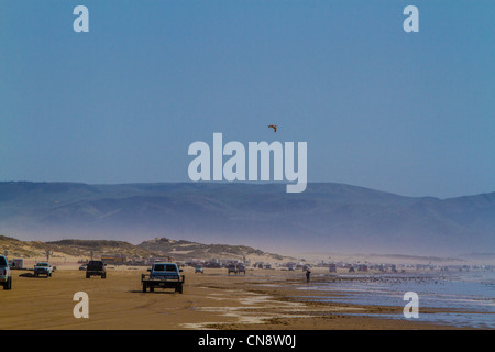 Pismo Beach Kalifornien Kite Surfer Autos LKW, Hunde, die SUVs Wohnmobile Sattelkupplung Anhänger und chaos Stockfoto