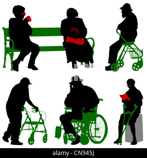 Silhouette von alten und behinderten Menschen. Stockfoto