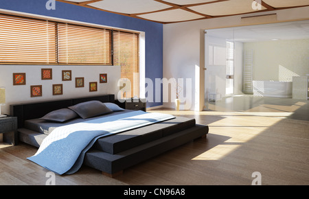 moderner Luxus Schlafzimmer mit Bad, getrennt durch ein großes Glasfenster. Stockfoto