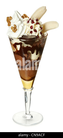 Schokolade Karamell Vanille Walnuss Banane Granatapfel sundae Ausschnitt geschnitten Stockfoto