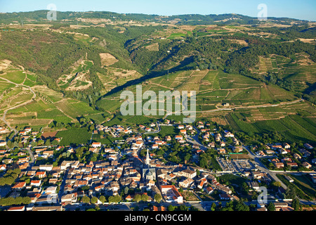 Frankreich, Ardeche, Cornas, Dorf und AOC Côtes du Rhône Weinberg (Luftbild) Stockfoto