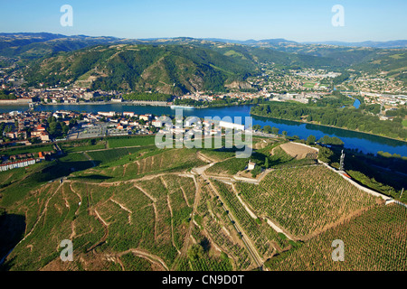 Frankreich, Drome, Tain l ' Hermitage, Kapelle der Einsiedelei, Hermitage AOC Weinberge und die Rhone, am unteren Rand Tournon Stockfoto