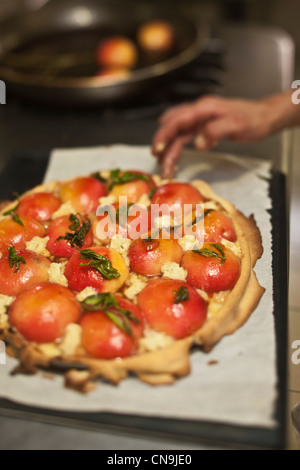 Frankreich, Alpes Maritimes, La Turbie, Pfirsich Torte und Eisenkraut Rezept Bruno Cirino Hostellerie Jerome Stockfoto