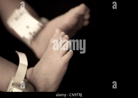 Nahaufnahme eines Baby neugeborenen Babys Füße und Zehen in Sepia-Farbton. Geringe Schärfentiefe. Stockfoto