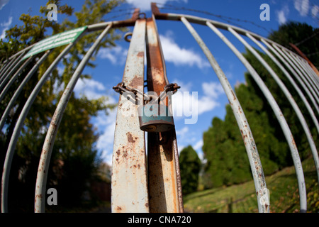 Tor mit Vorhängeschloss an einem schönen Herbsttag (absichtlich Distorterd Bildern, aufgenommen mit einem fisheye-Objektiv) Stockfoto