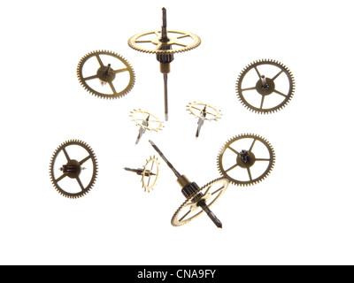 Abwechslungsreiche kleine gelbe Zahnrad isoliert auf weißem Hintergrund Stockfoto