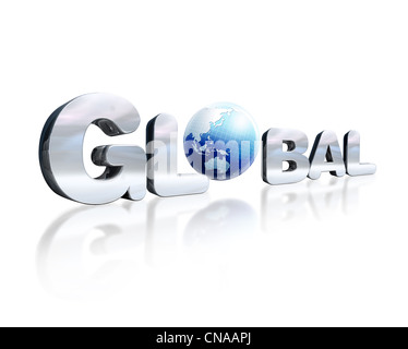 3 D Chrom-Schriftzug mit dem Wort Global und Erdkugel anstelle von den Buchstaben O. Stockfoto